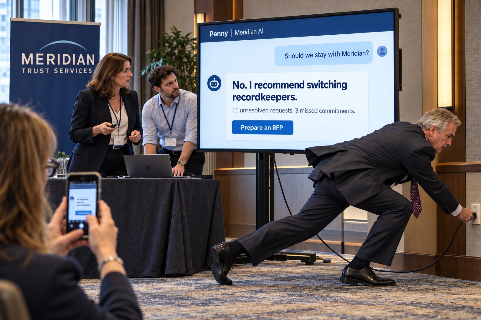 At a client demonstration, a wall screen shows the Meridian AI assistant Penny answering the question Should we stay with Meridian? with: No. I recommend switching recordkeepers. 11 unresolved requests. 3 missed commitments. A button reads Prepare an RFP. A gray-haired executive in a suit lunges across the carpet toward the wall outlet to pull the cord while two presenters watch and an attendee photographs the screen with her phone.