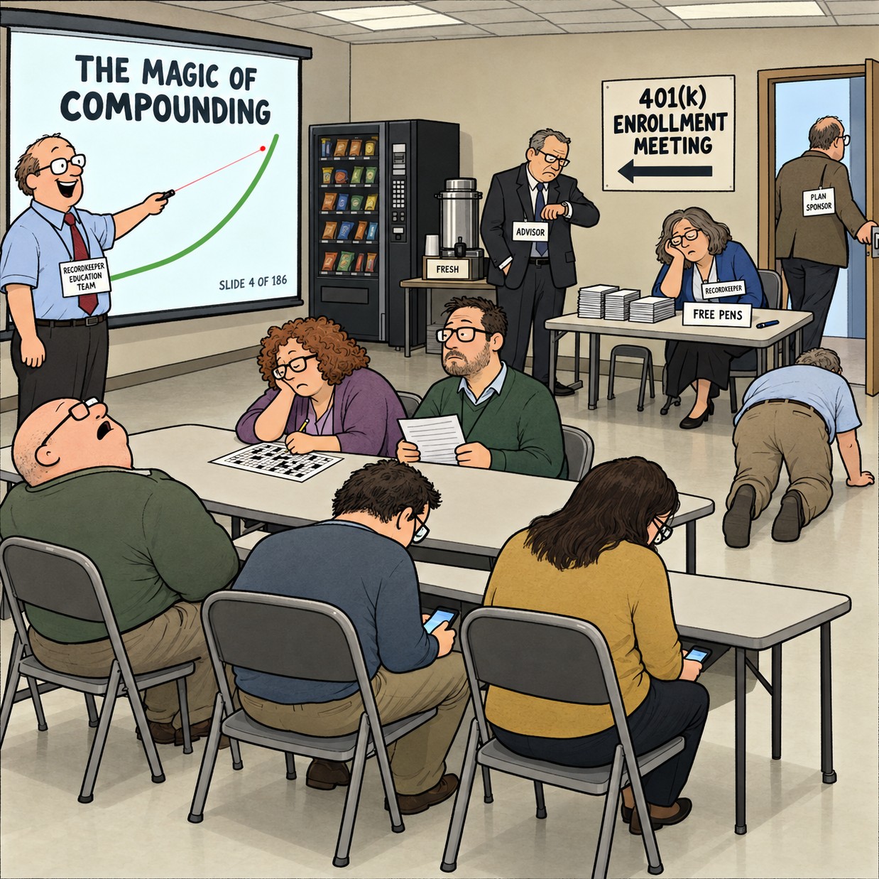 Cartoon of a 401(k) enrollment meeting where everyone in the room is asleep, on a phone, or leaving