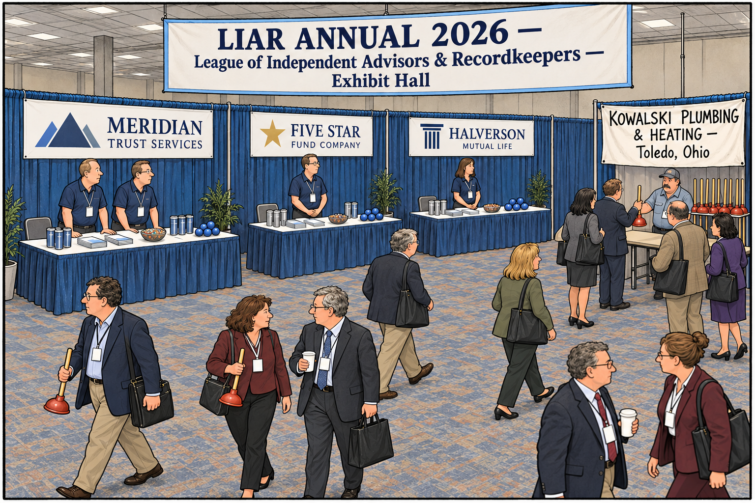 A retirement conference exhibit hall with empty Meridian Trust Services, Five Star Fund Company, and Halverson Mutual Life booths beside a popular Kowalski Plumbing and Heating booth.