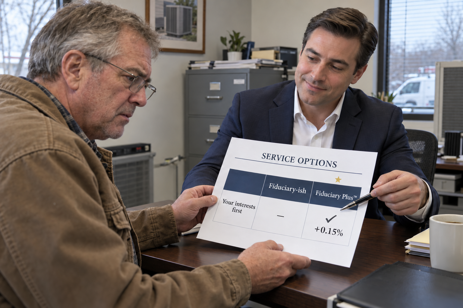 An advisor presents Fiduciary-ish and Fiduciary Plus packages to a skeptical business owner. Your interests first has a checkmark only under Fiduciary Plus, beside +0.15%.