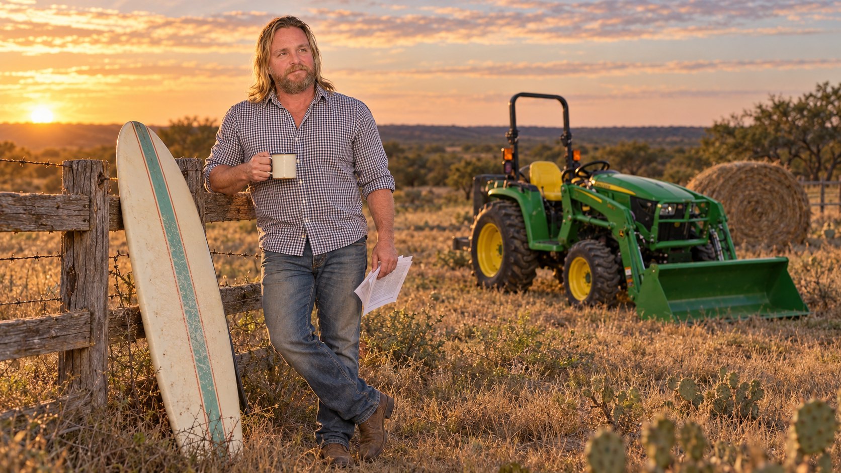 J.D. Carlson with a surfboard against a ranch fence