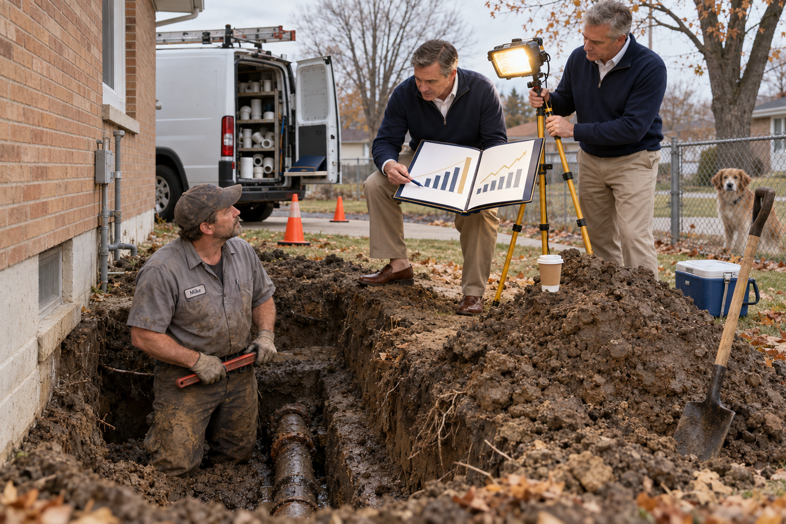 Two private-equity partners in quarter-zips present a pitch book to a plumber standing in a sewer-line trench beside a ranch house.