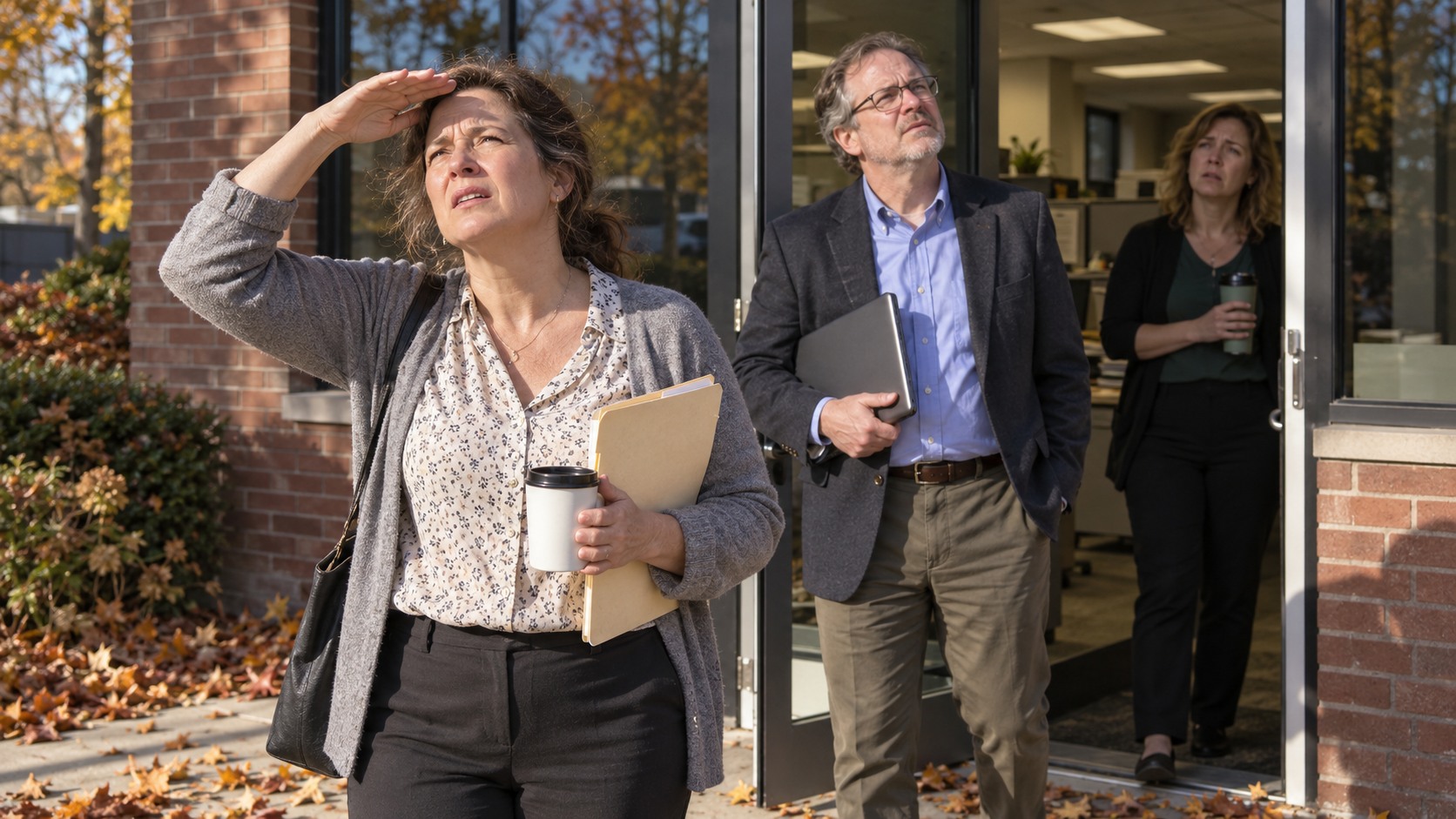 Plan administrators emerging from an office into sunlight