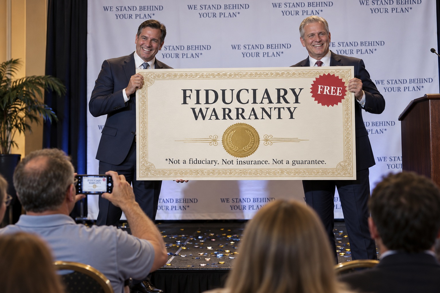 Two smiling insurance executives on a hotel ballroom stage hold a giant certificate reading Fiduciary Warranty with a red FREE sticker, the small print along the bottom reading Not a fiduciary. Not insurance. Not a guarantee. The banner behind them repeats We Stand Behind Your Plan with an asterisk. A man in the front row photographs the small print.